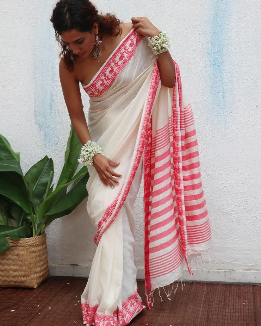 Trinetra Handwoven Linen Cotton Jamdani Saree - Uma