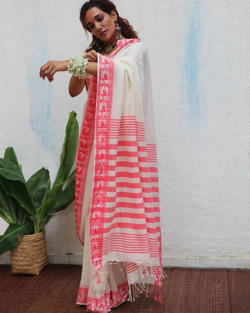 Trinetra Handwoven Linen Cotton Jamdani Saree - Uma