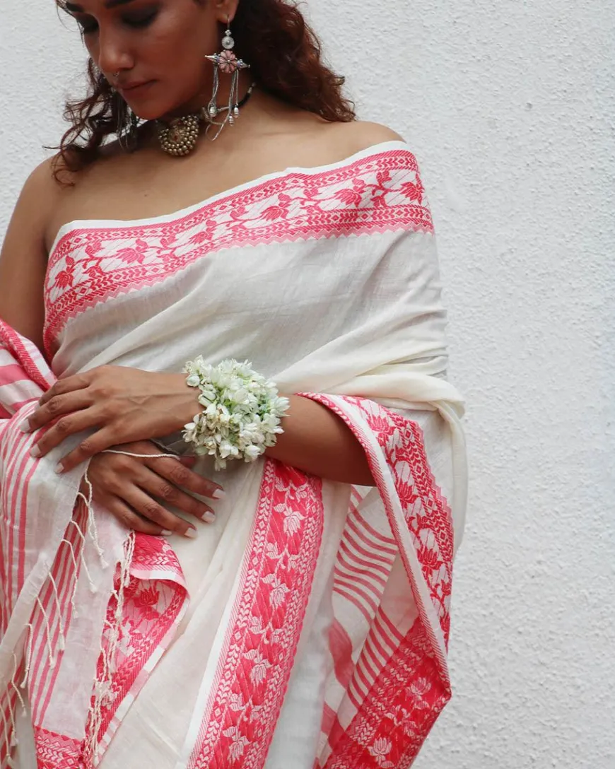 Trinetra Handwoven Linen Cotton Jamdani Saree - Uma