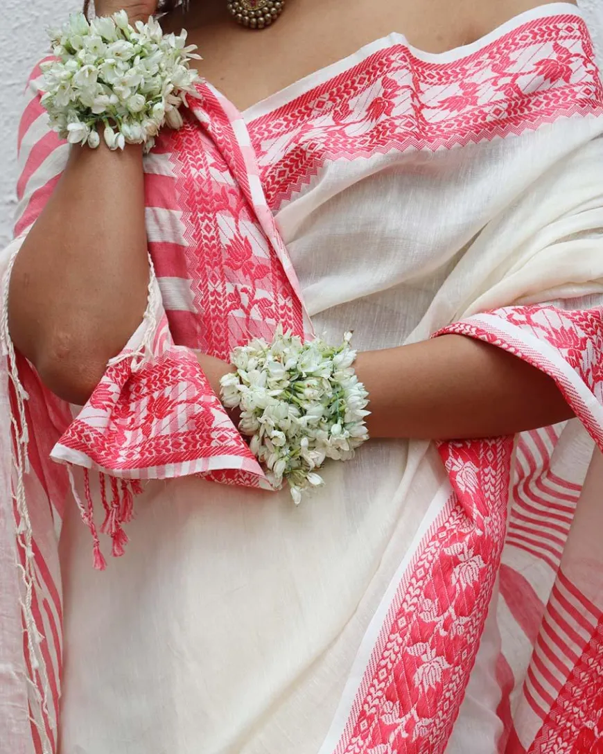 Trinetra Handwoven Linen Cotton Jamdani Saree - Uma