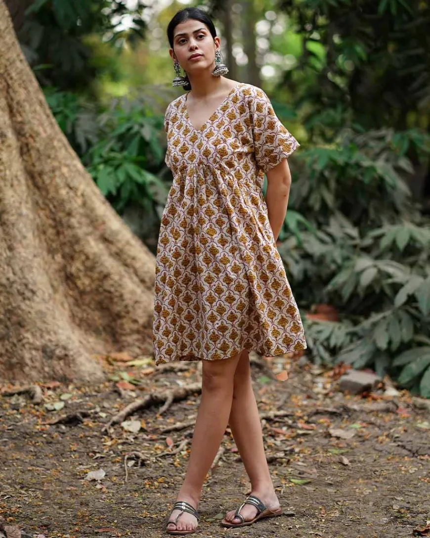 Tu Dilruba Ivory Block Printed Cotton Dress - WW