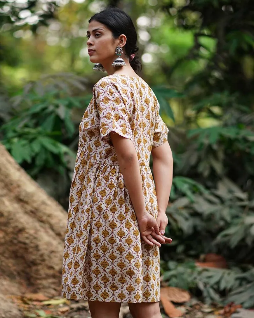 Tu Dilruba Ivory Block Printed Cotton Dress - WW