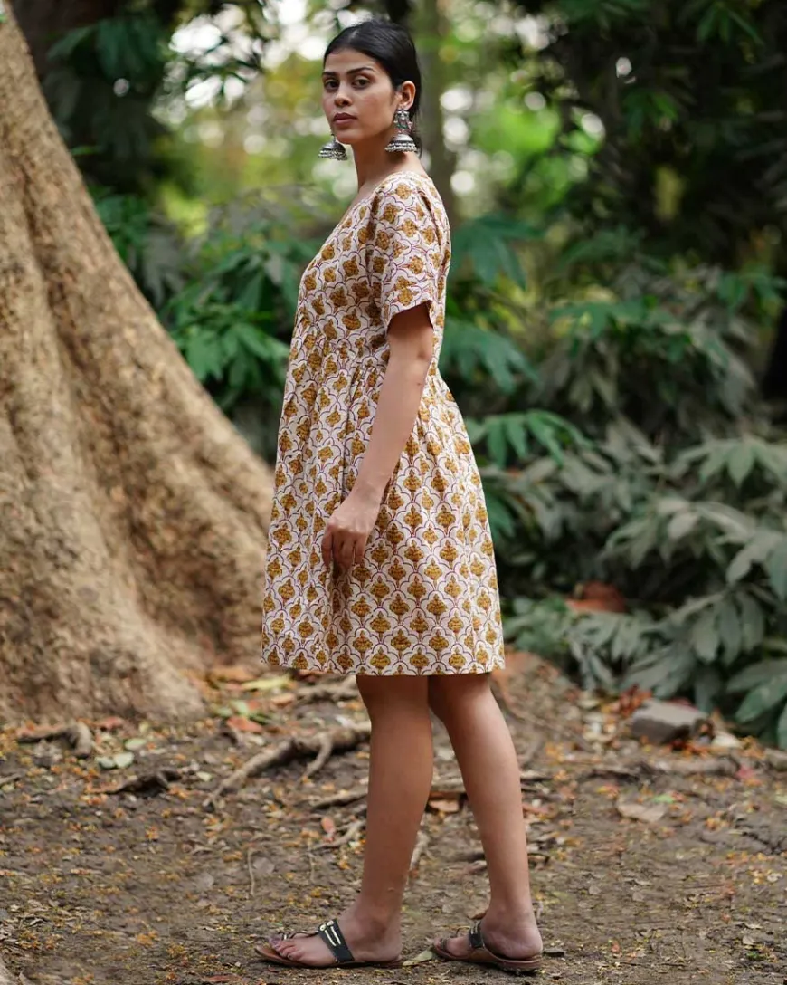 Tu Dilruba Ivory Block Printed Cotton Dress - WW