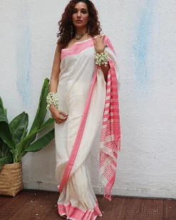 Vaarahi Handwoven Linen Cotton Jamdani Saree - Uma