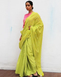Vincent Lime Green Handblock Printed Cotton Saree