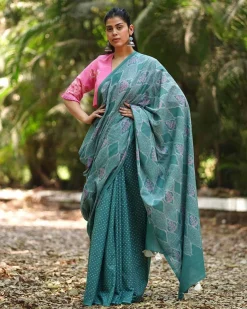 Violet’s Vow Teal Green Block Printed Saree - MMG