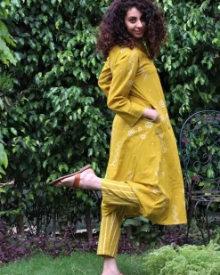 Yellow Block printed Kurti & Bottom (Set Of 2)