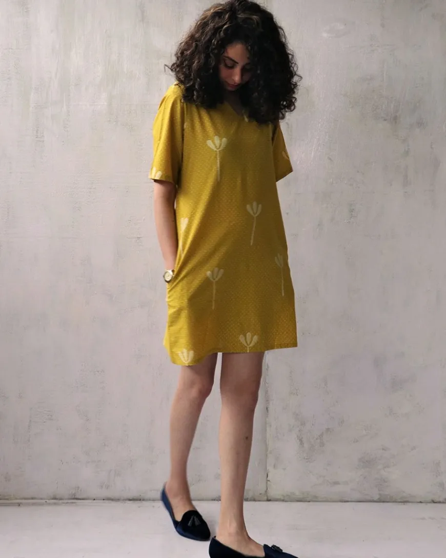 Yellow Blockprinted Cotton Shift Dress