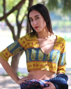 Yellow Blockprinted Crop Top Blouse