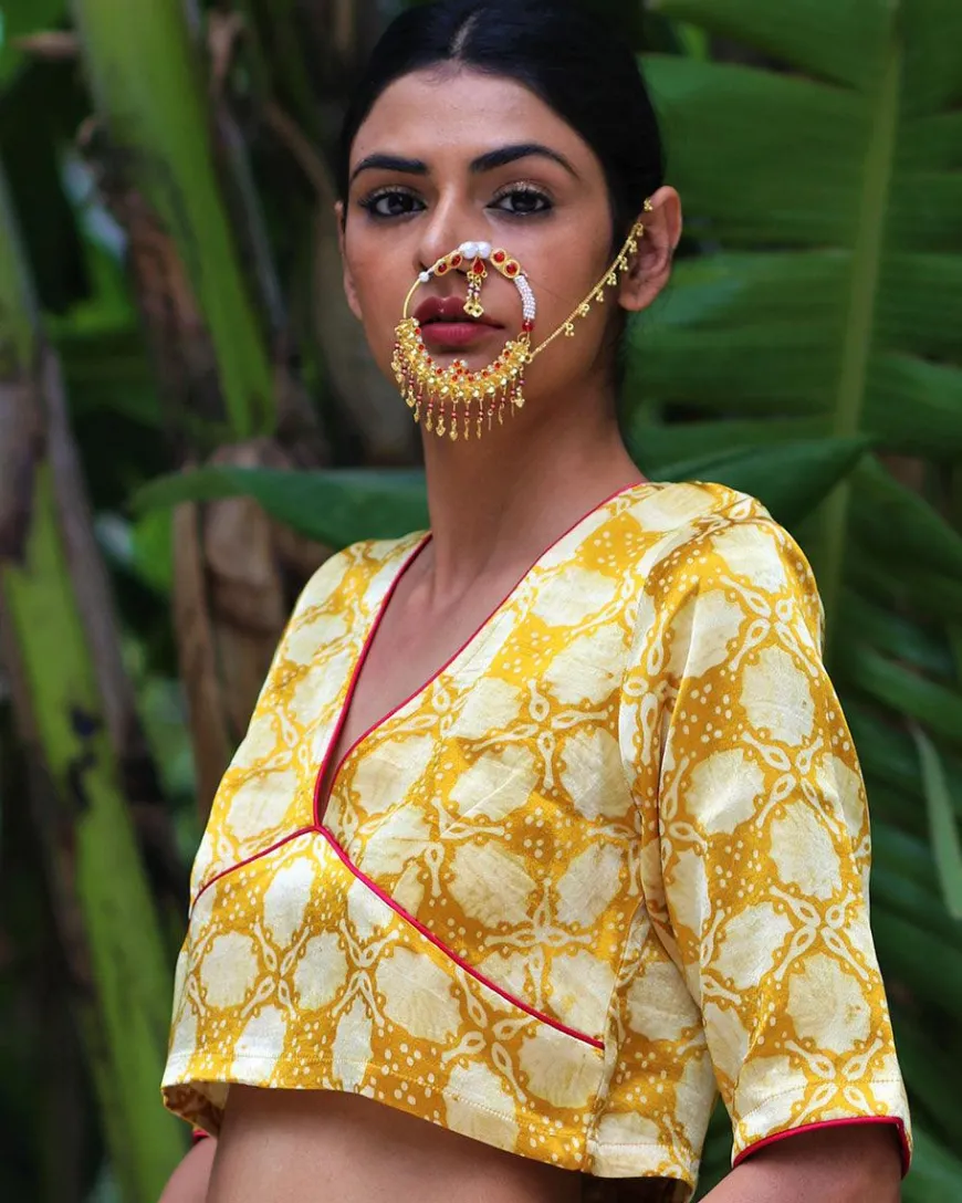 Yellow Blockprinted Mashru Silk Blouse-Chand Se