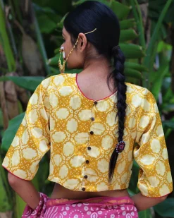 Yellow Blockprinted Mashru Silk Blouse-Chand Se