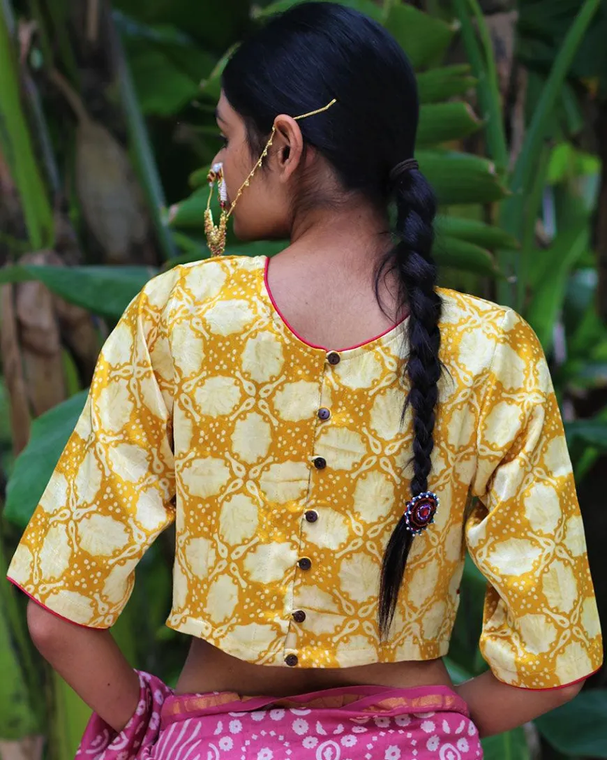 Yellow Blockprinted Mashru Silk Blouse-Chand Se