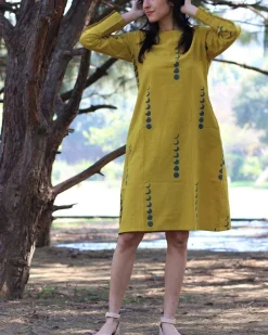 Yellow Eclipes Blockprinted Cotton Dress