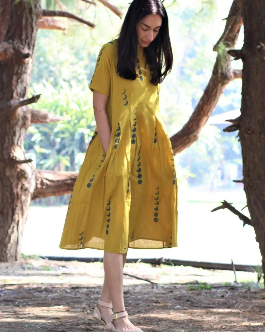 Yellow Eclipse Blockprinted Cotton Pleated Dress