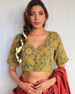 Yellow Hand Block-Printed Cotton Blouse-God