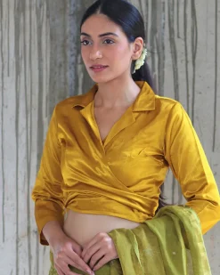 Yellow Tieup Mashru Silk Blouse- Manjari