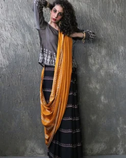 Yellow-Black Blockprinted Modal Silk Saree