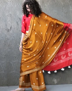 Yellow-Red Blockprinted Modal Silk Saree