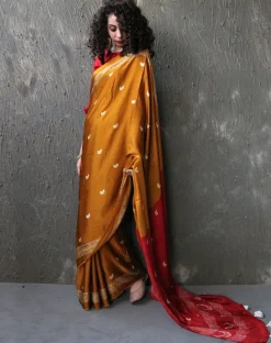 Yellow-Red Blockprinted Modal Silk Saree