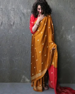 Yellow-Red Blockprinted Modal Silk Saree
