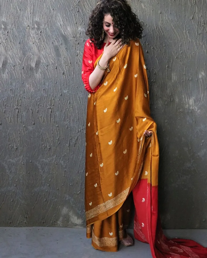 Yellow-Red Blockprinted Modal Silk Saree