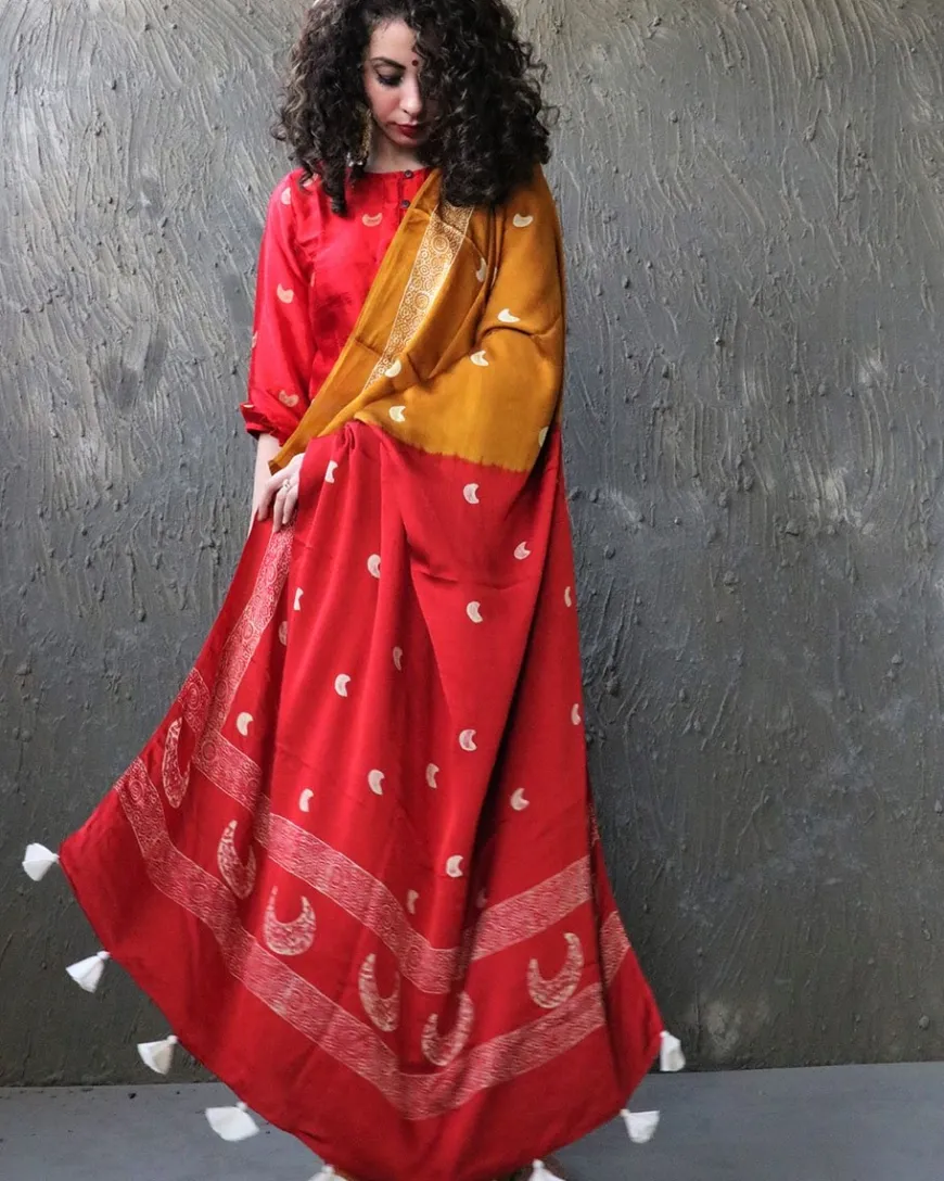 Yellow-Red Blockprinted Modal Silk Saree