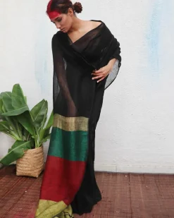 Yogini Handwoven Linen Saree - Kaali
