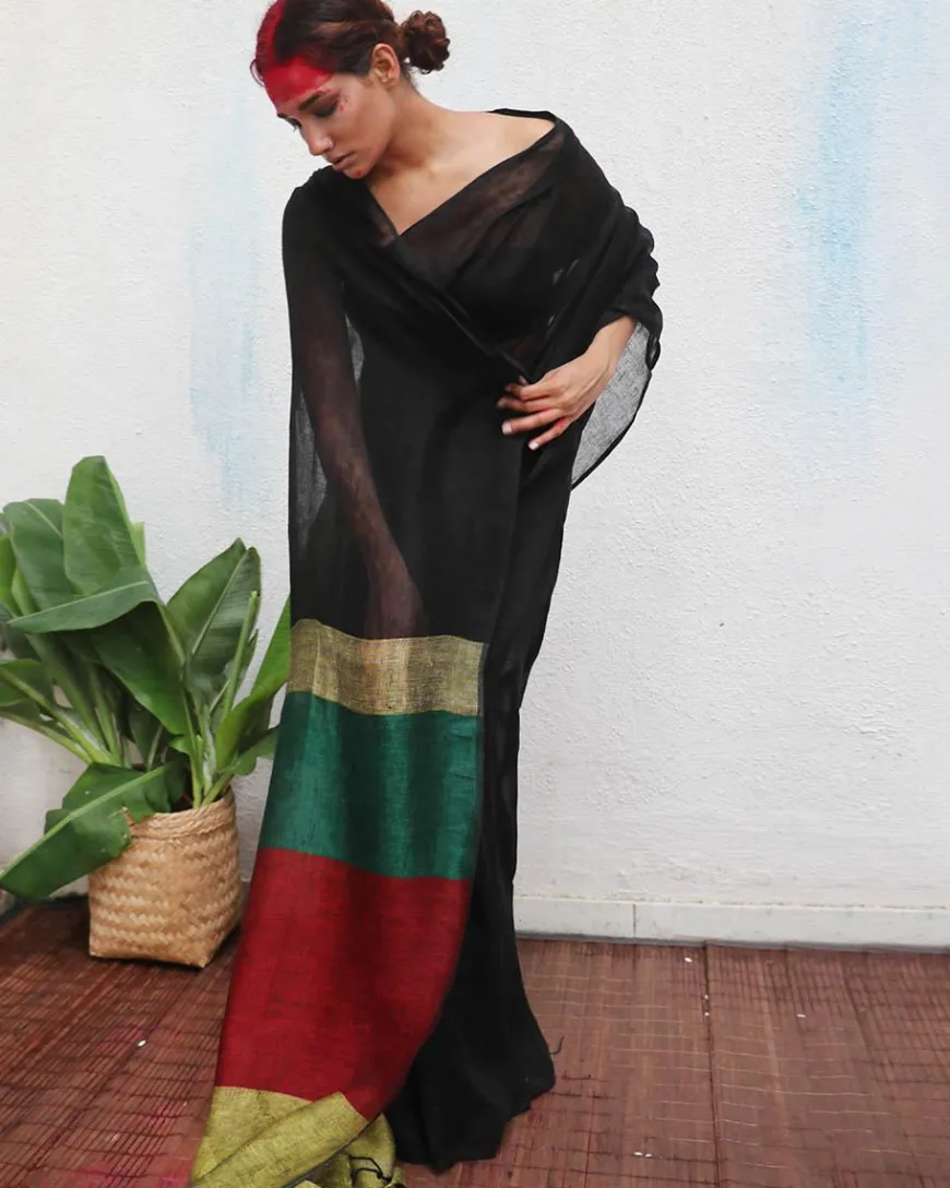 Yogini Handwoven Linen Saree - Kaali