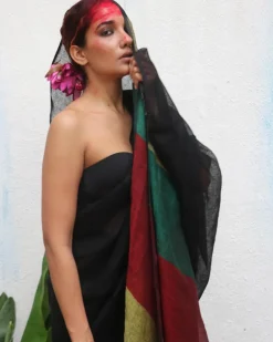 Yogini Handwoven Linen Saree - Kaali